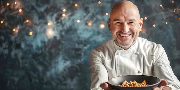 Uśmiechnięty kucharz prezentuje danie